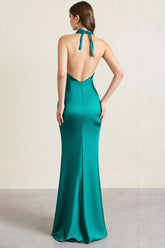 Green Prom Dress Satin Halter Long Backless Sheath Formal Dress With Slit
